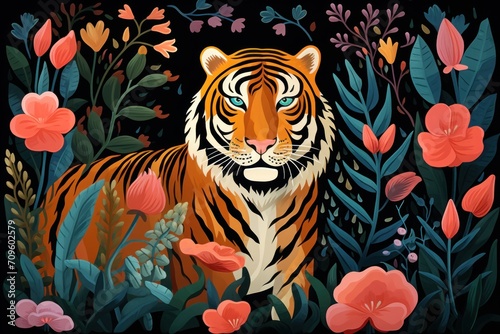 a tiger standing in the middle of a field of flowers and greenery with red and orange flowers around it.