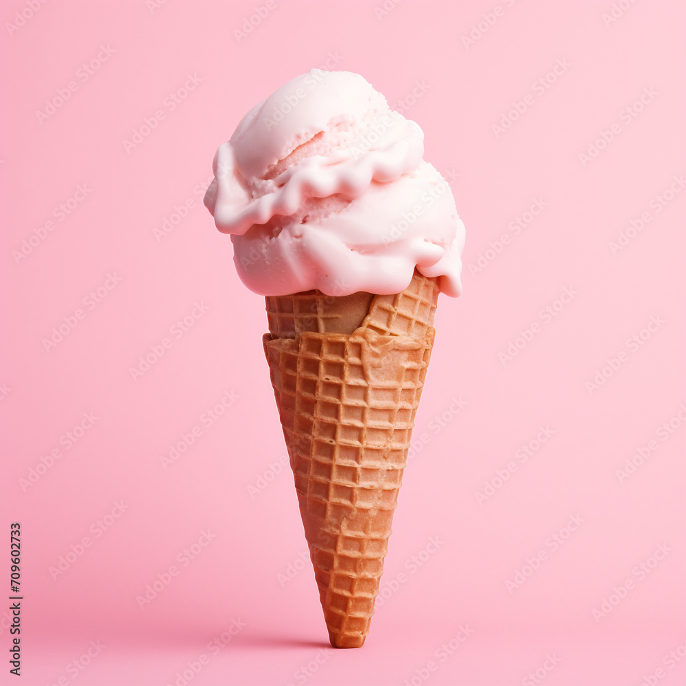 Ice cream in waffle cup cone on pink background. Ice cream in waffle cup cone on pink background.