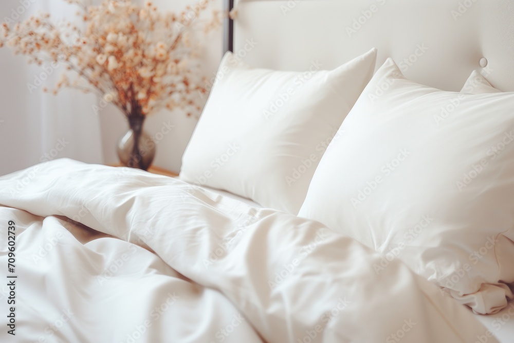 a bed with white sheets and pillows with a vase of flowers on the side of the bed with white sheets.