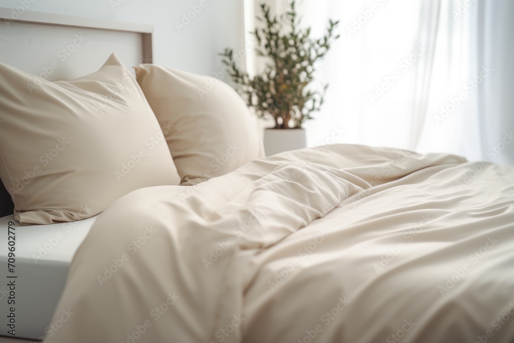 a close up of a bed with a white comforter and pillows with a plant in the corner of the bed. a close up of a bed with a white comforter and pillows with a plant in the corner of the bed.