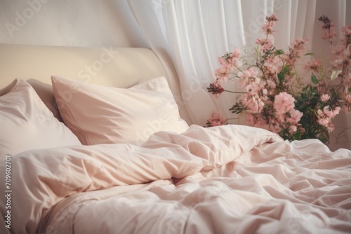 a bed with a white comforter and pink flowers in a room with white curtains and a white headboard.