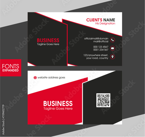 Creative modern business card design in red, white, black. Corporate business card layout. Professional company visiting card vector.
