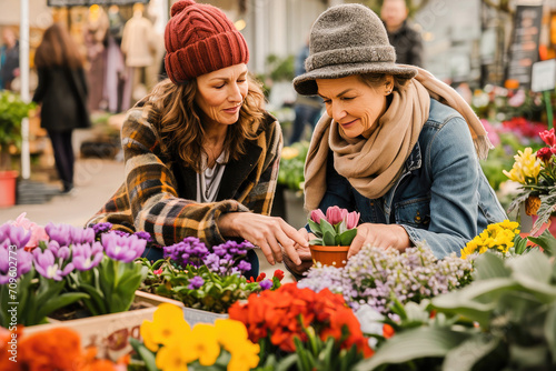 Two cheerful women selecting flowers at a buzzy outdoor market on a bright sunny day. © apratim