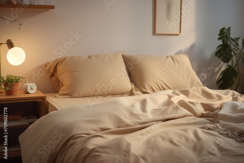  a bed with a white comforter and a wooden night stand with a potted plant on top of it.