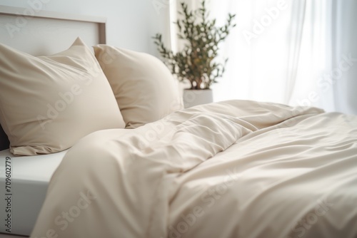  a close up of a bed with a white comforter and pillows with a plant in the corner of the bed.