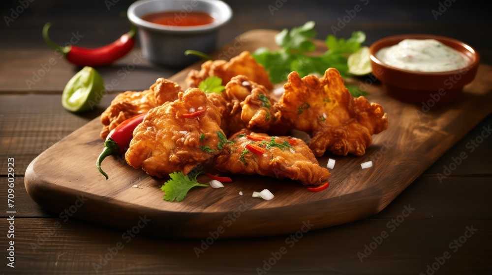 pakora with chutney on a wooden table