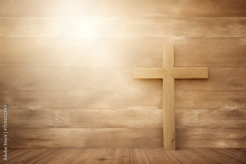  a wooden cross on a wooden floor in front of a wall with a beam of light coming from behind it.
