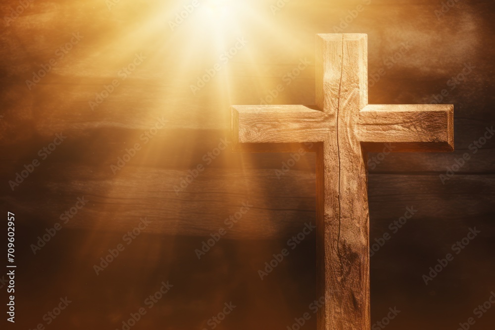  a wooden cross sitting in the middle of a dark room with the sun shining through the clouds over the cross.
