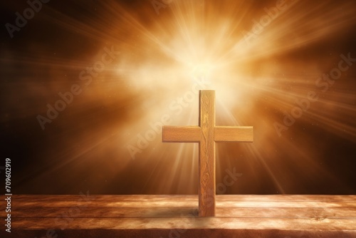  a wooden cross sitting on top of a wooden table in front of a bright sun burst of light behind it.