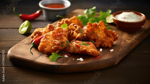 pakora with chutney on a wooden table