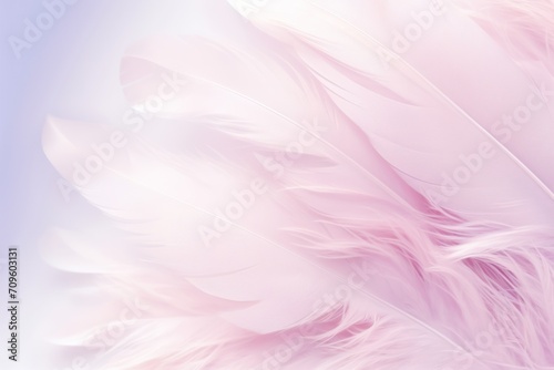  a close up of a white feather on a blue and pink background with a blurry image of the feathers.