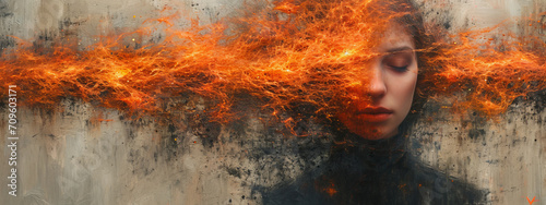 Ephemeral Enigma, A Mesmerizing Masterpiece Unveiling a Woman Engulfed in Fiery Brilliance photo