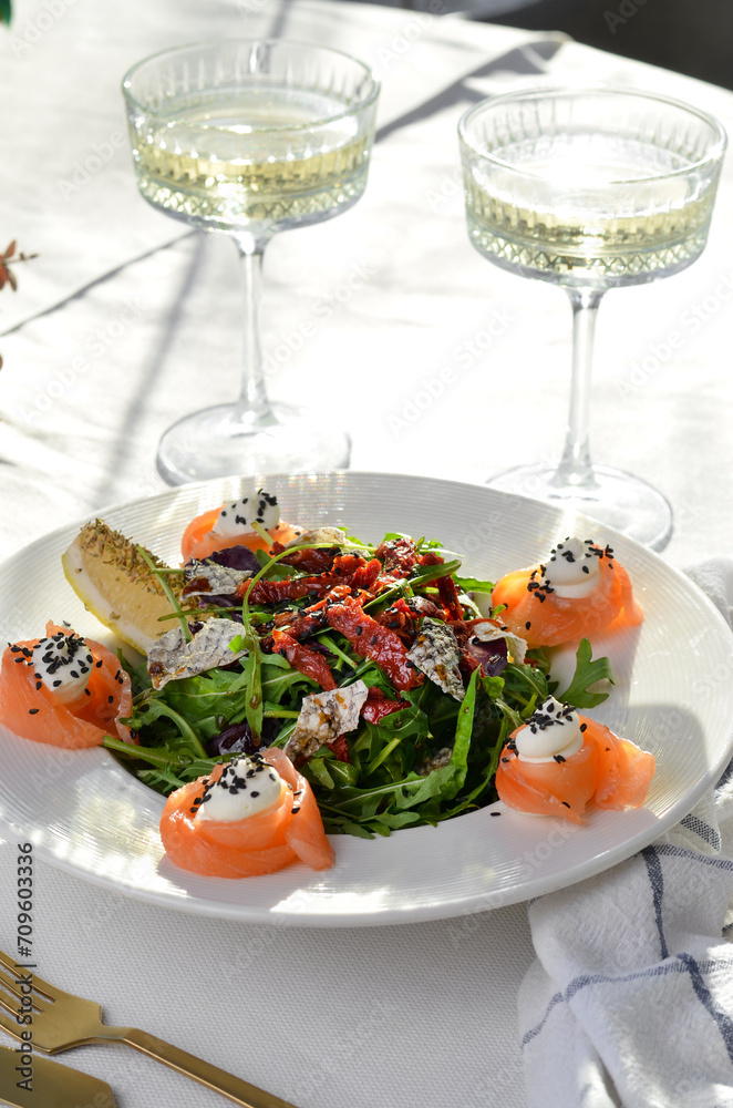 Salad with Salmon, Arugula and Sun-Dried Tomatoes, Fresh Salad, Appetizer