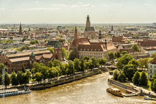 Poland, Lower Silesian Voivodeship, Wroclaw, Aerial view of Oder river and surrounding old town houses