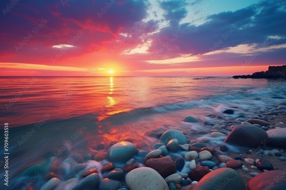 the sun is setting over the ocean with rocks in the foreground and a body of water in the foreground. the sun is setting over the ocean with rocks in the foreground and a body of water in the foreground.