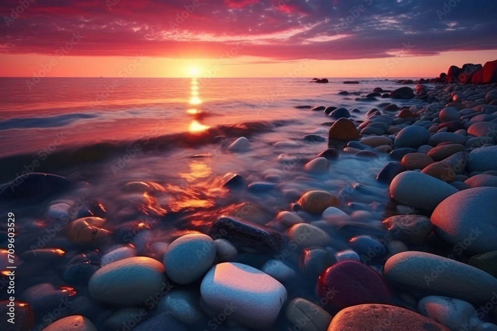 a sunset over the ocean with rocks in the foreground and a body of water with rocks in the foreground. a sunset over the ocean with rocks in the foreground and a body of water with rocks in the foreground.