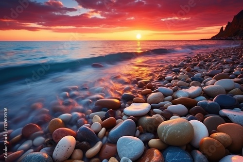  a beach covered in lots of rocks next to a body of water with a sun setting over the ocean in the background.