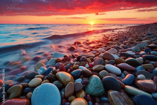  a beach covered in lots of rocks next to a body of water with the sun setting over the ocean in the distance.