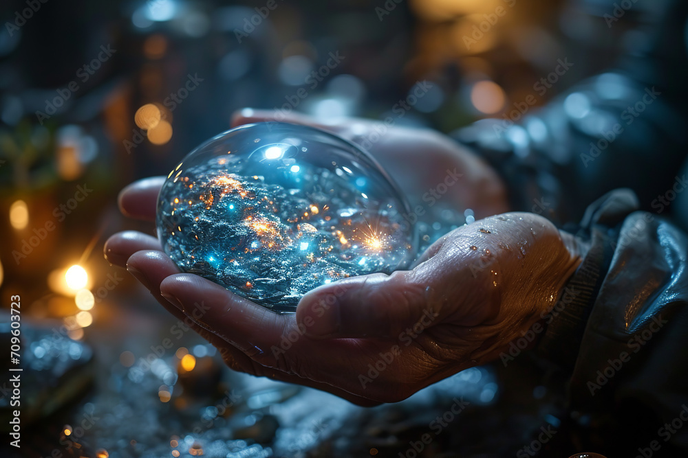 Fototapeta premium man demonstrates a holographic sphere presentation of modern biotechnology