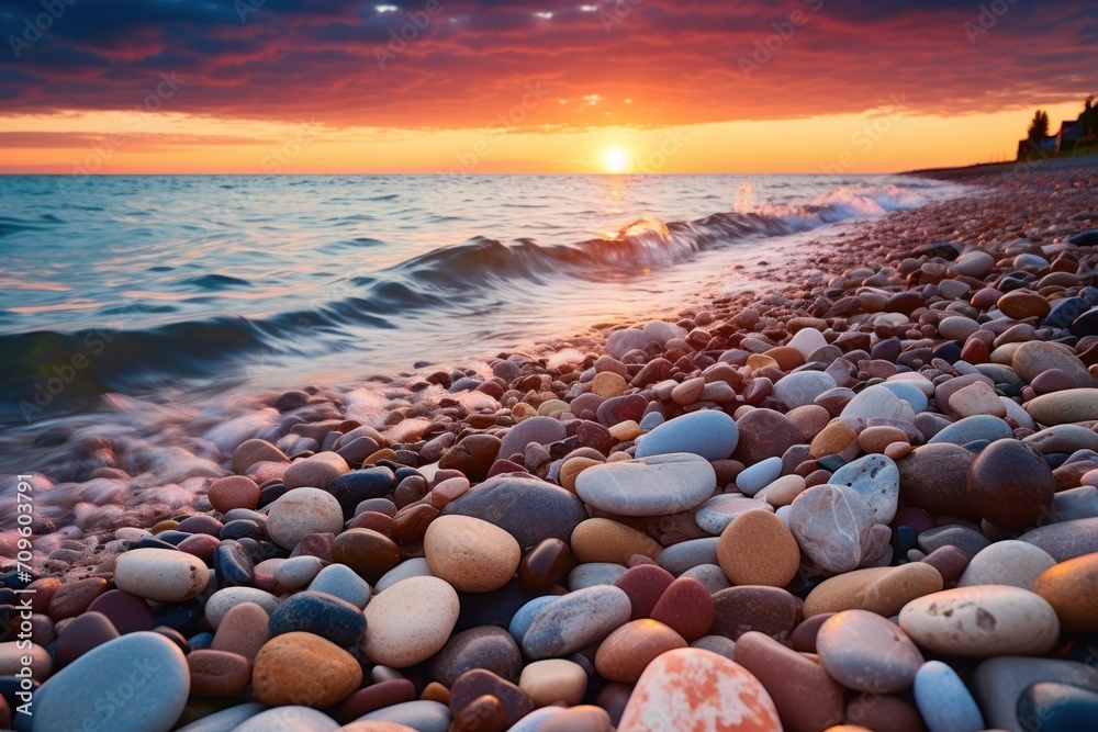 a beach covered in lots of rocks next to a body of water with a sunset in the distance behind it. a beach covered in lots of rocks next to a body of water with a sunset in the distance behind it.