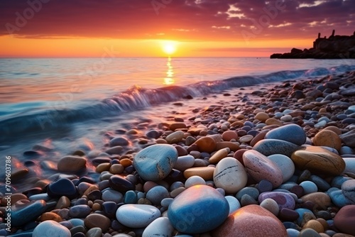  the sun is setting over the ocean with rocks on the shore and waves crashing in front of the rocks on the shore.