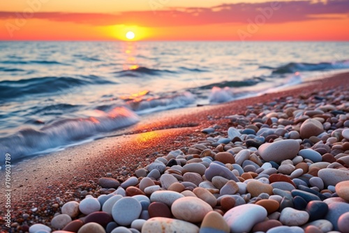  the sun is setting over the ocean with rocks in the foreground and a wave coming in on the shore.