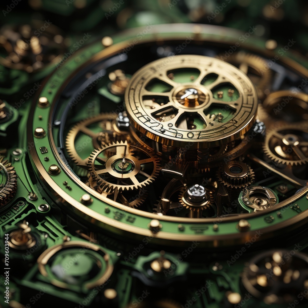  a close up view of a green and gold clock face with gears and dials on the face of the clock.