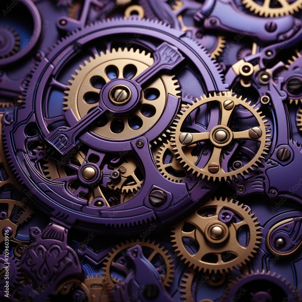 a close up of a purple clock with gold gears on it's sides and a clock face on the inside of the clock. a close up of a purple clock with gold gears on it's sides and a clock face on the inside of the clock.