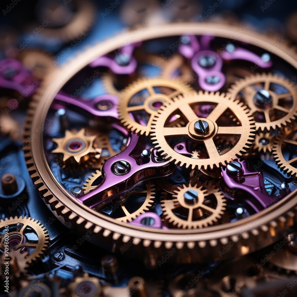 a close up of a purple and gold watch face on a blue and black background with lots of other gears.