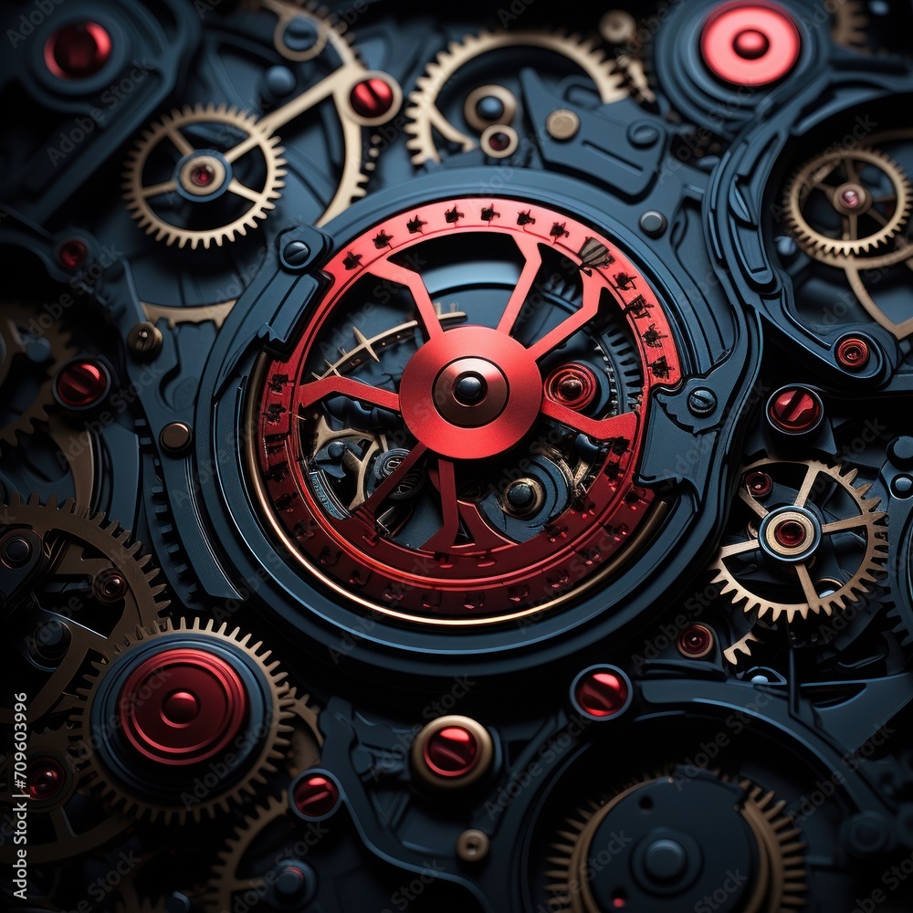 a close up of a clock face with red and black gears and a black clock face with red and black gears. a close up of a clock face with red and black gears and a black clock face with red and black gears.