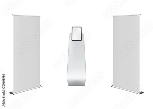 Trade show display set vector mock-up. White blank roll-up retractable banner stand and tablet stand with transparent screen mockup