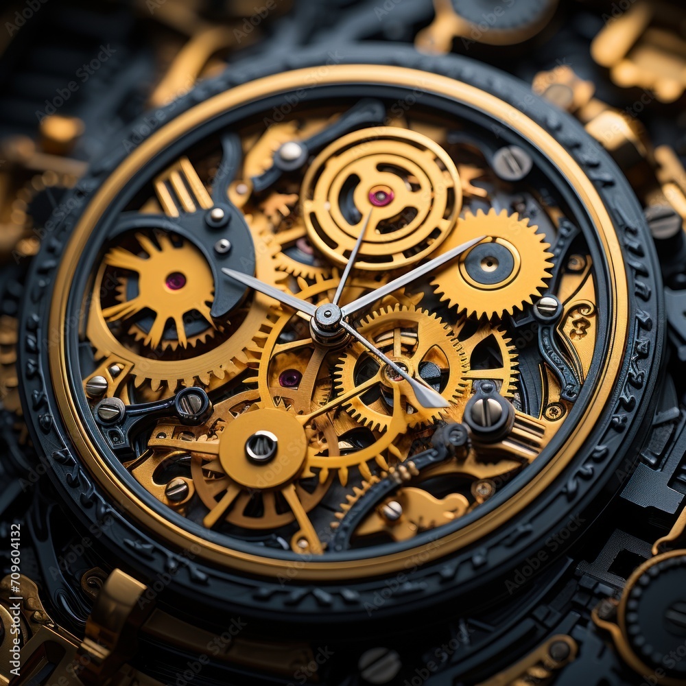  a close up of a watch face with a gold and black clock face on a black and gold watch face.