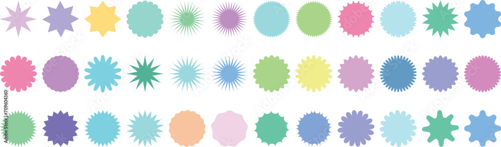 Random colorful retro sunburst vector badges, sales tag, promotional sticker or quality mark clip art, isolated