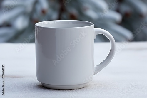  a white coffee mug sitting on top of a table next to a green leafy plant on a white surface.