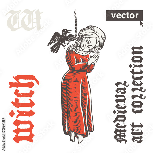 Hanged woman with devil in form of raven in witch-hunts dark period in Middle Ages. Vector engraving style atrocity illustration. Medieval art with gothic lettering for pagan music, witches posters.