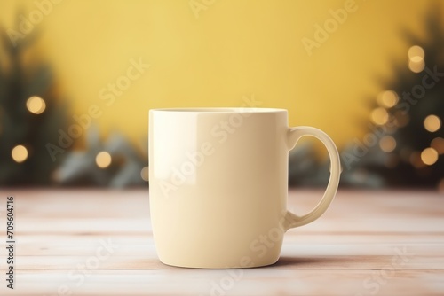  a close up of a coffee cup on a table with a blurry background of christmas trees in the background.