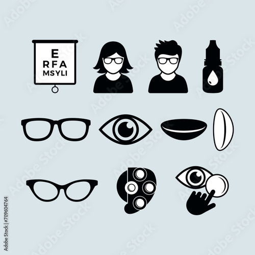 Eye care optics icon set vector. Black and white optical icons isolated on a gray background. Human eye, eyeglasses, eye drops bottle, contact lenses symbol. Healthy vision graphic design element