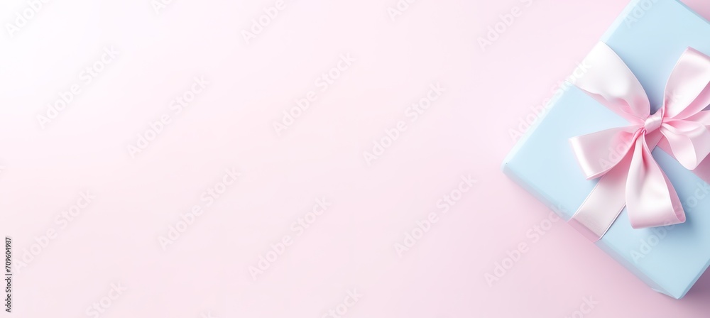 banner pastel colors gift box with elegant pink ribbon on a sparkling light blue background, copyspace for text, spring holidays, valentines day, mothers day and birthday card. banner pastel colors gift box with elegant pink ribbon on a sparkling light blue background, copyspace for text, spring holidays, valentines day, mothers day and birthday card.