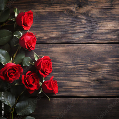 Red roses flowers with red hearts on old wooden background with place for text. Romantic Valentines holidays concept. Valentine's day greeting card. Copy space. Top view. Generative AI