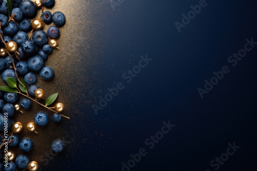  a bunch of blueberries sitting on top of a table next to a branch with leaves and pearls on it.