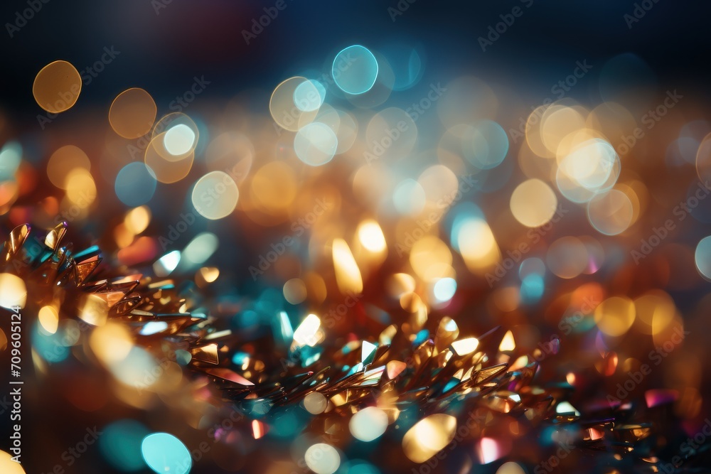  a blurry image of a bunch of lights in blue and gold colors with a blurry background of gold and blue lights.
