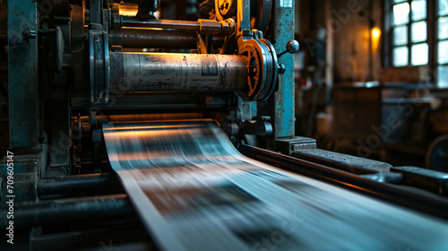 An old printing press in operation printing a newspaper. photo