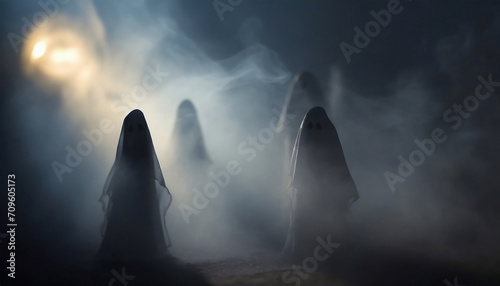 Silhouette of ghosts,spirits on a dark background. And his shadow in smoke.death day concept, copy space.
