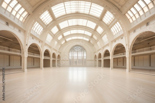  a large empty building with a skylight in the middle of the floor and a clock on the side of the building.