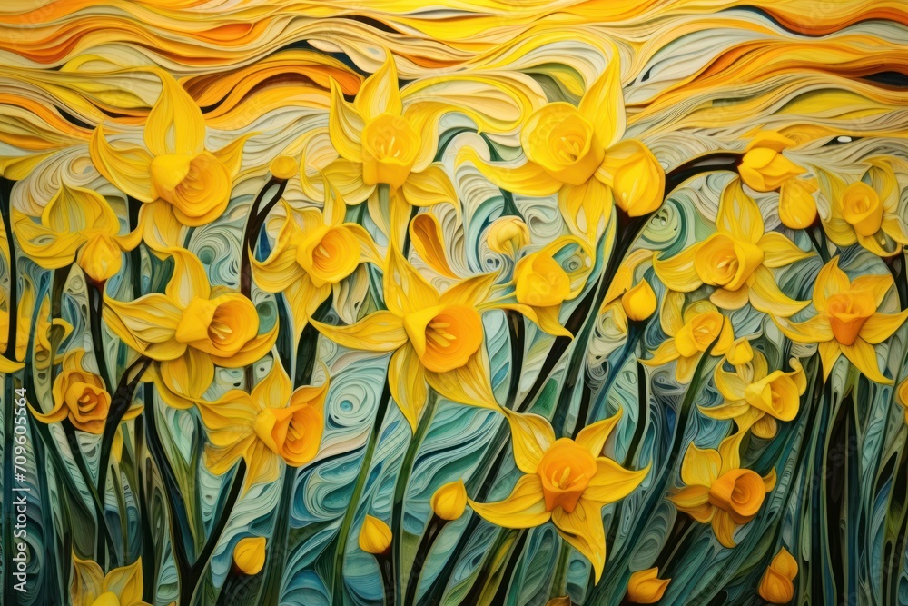  a painting of yellow daffodils in front of a blue and yellow background with swirls and swirls.