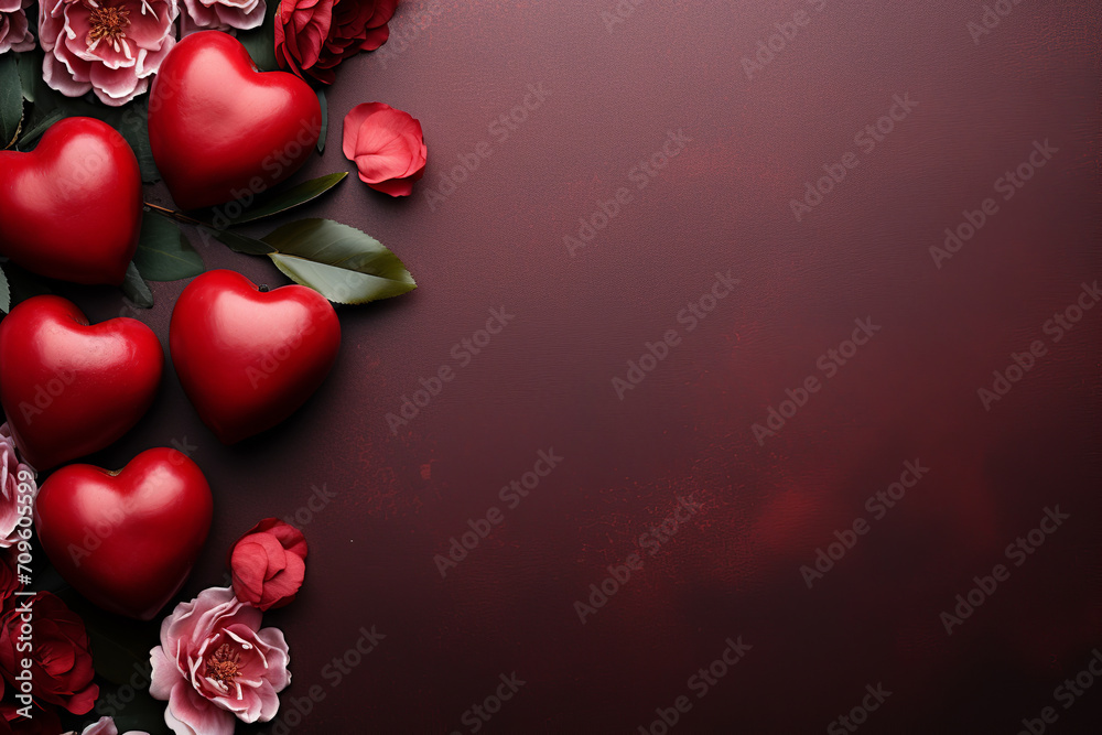 valentine's day flowers, hearts, chocolate on marble red background, top view, mockup valentine's day flowers, hearts, chocolate on marble red background, top view, mockup