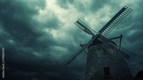 An old windmill against a stormy sky.