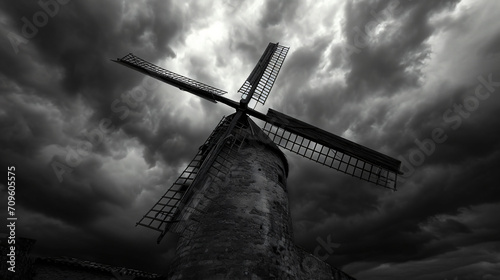 An old windmill against a stormy sky.