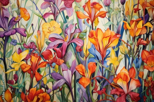  a painting of a field of flowers with a lot of flowers painted on the side of the wall behind it.