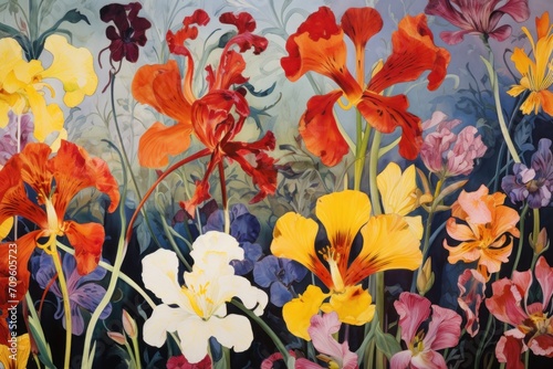  a painting of a field of flowers with many colors of flowers in the foreground and a blue sky in the background.